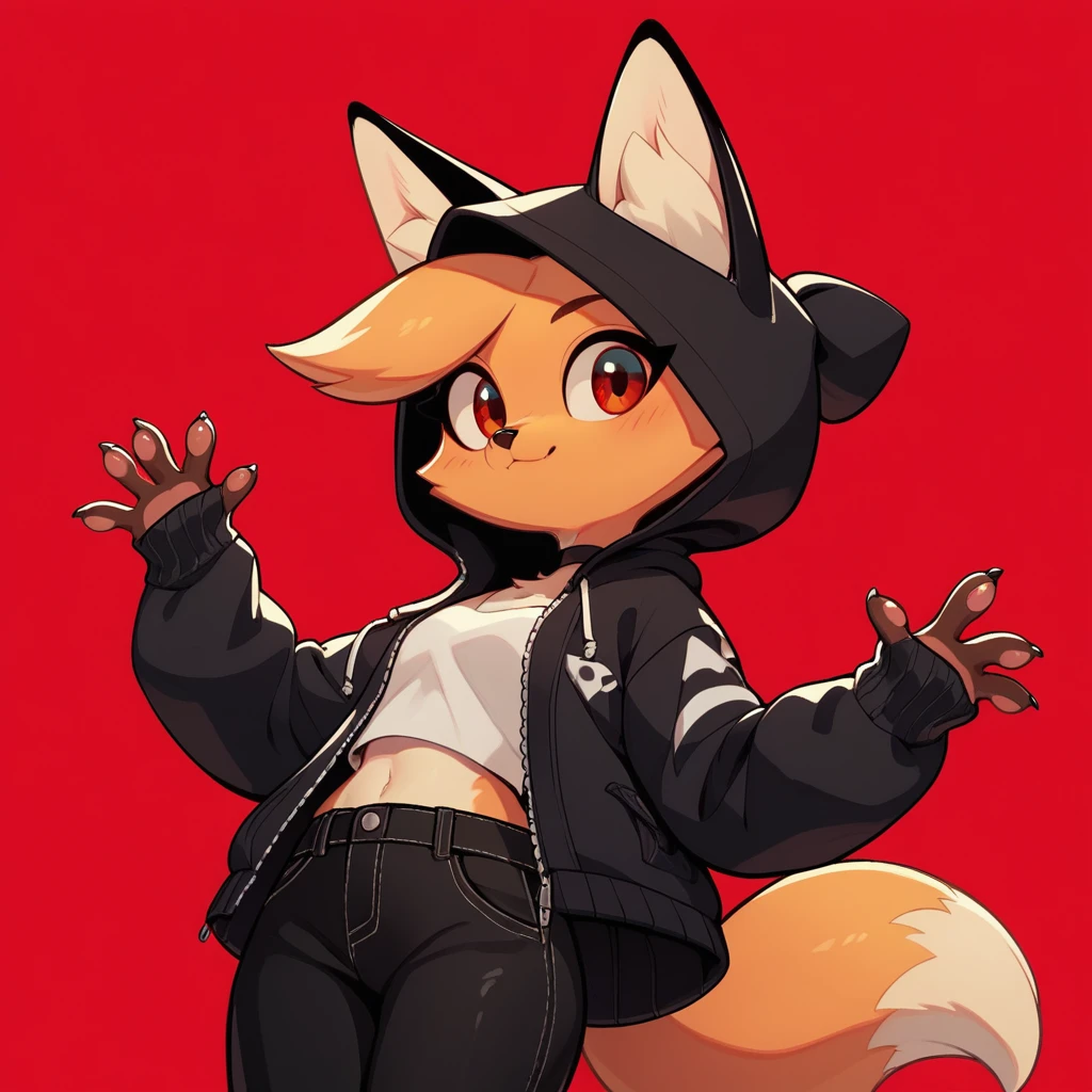 1girl, fox girl, cute fox, anthro, black hood, black pants, red background