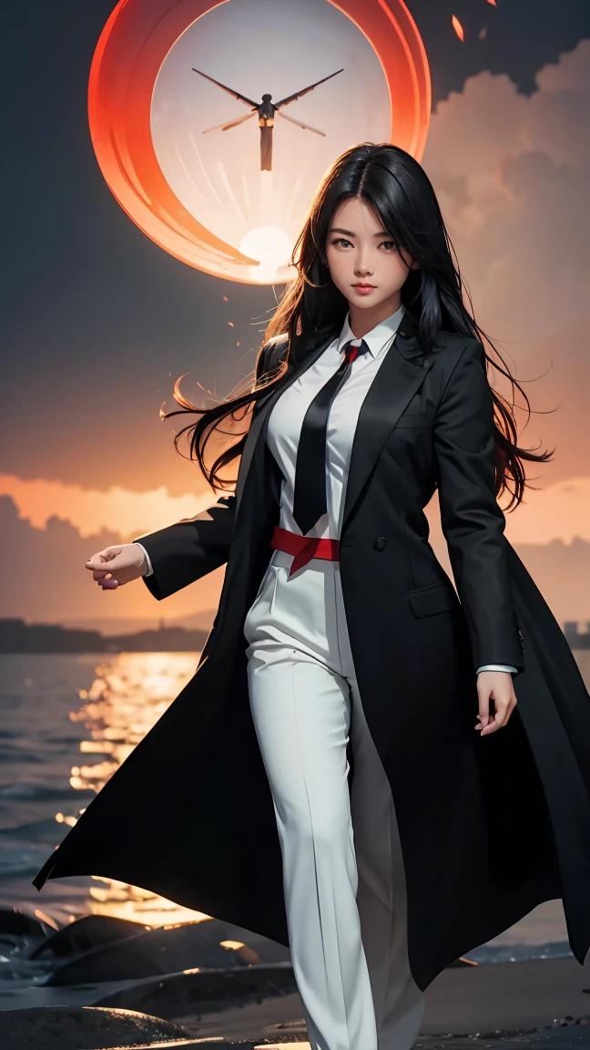 ((Masterpiece, best quality, very detailed), Volumetric light, surrounding occlusion, Rich and colorful, glow), 1 woman, , young girl, (Smooth black), long hair, radius, sacred, goddess, CEO Luke, (black suit, White shirt and red tie:1.3), long black coat, ((a green wind orb on hand)), outdoor, sunset, sky, cloud, (Fantasy Theme:1.2), (full body:0.8)