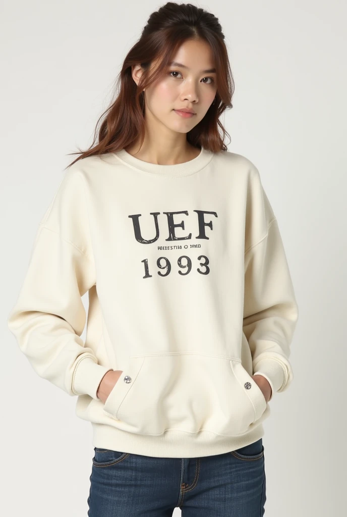 A wide jean panty, Full body uniform set for a minimalist and creative advertising agency, with curved designs, with turquoise colors, purple, white and silver, and the letters FEM in large letters at the bottom left and the text @fullempresas in small in the chest