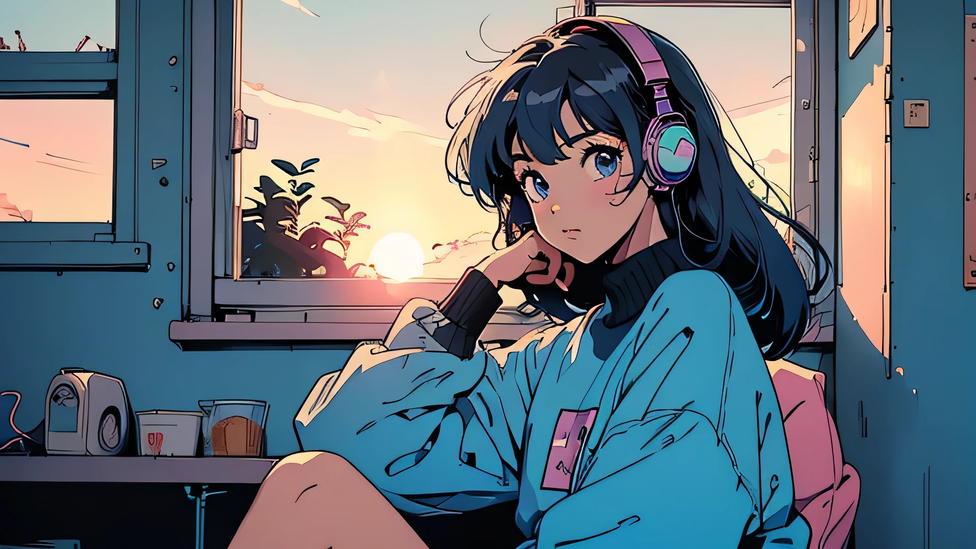 anime girl sitting on floor looking out window at city, anime aesthetic, anime vibes, Lo-fi art style, Lo-fi portrait by the window, Watching the sunset. anime, Lofty Girl, anime art wallpaper 4 k, anime art wallpaper 4k, anime art wallpaper 8 k, anime background art, Lofi Color, Lofi Art, anime asthetic,masterpiece, Highest quality, Rainbow Style, anime, Beautiful Asian Girl, Along the Hawaiian Coast, Cute and dreamy,anime,Illustrator,LOFI Girl, Blues,landscape,sunset, night、Girl listening to music in a cozy room, Use headphones, 2Dスタイルanime, Rain outside the window、Analog Color Theme、Ghibli style one girl, ,lip, sweater,order, Blue gradient background, Neon Hair,(masterpiece,Highest quality), Battle DJ girl in HIPHOP fashion wearing DJ headphones,