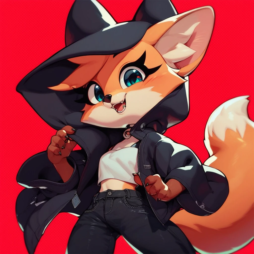 1girl, fox girl, cute fox, anthro, black hood, black pants, red background