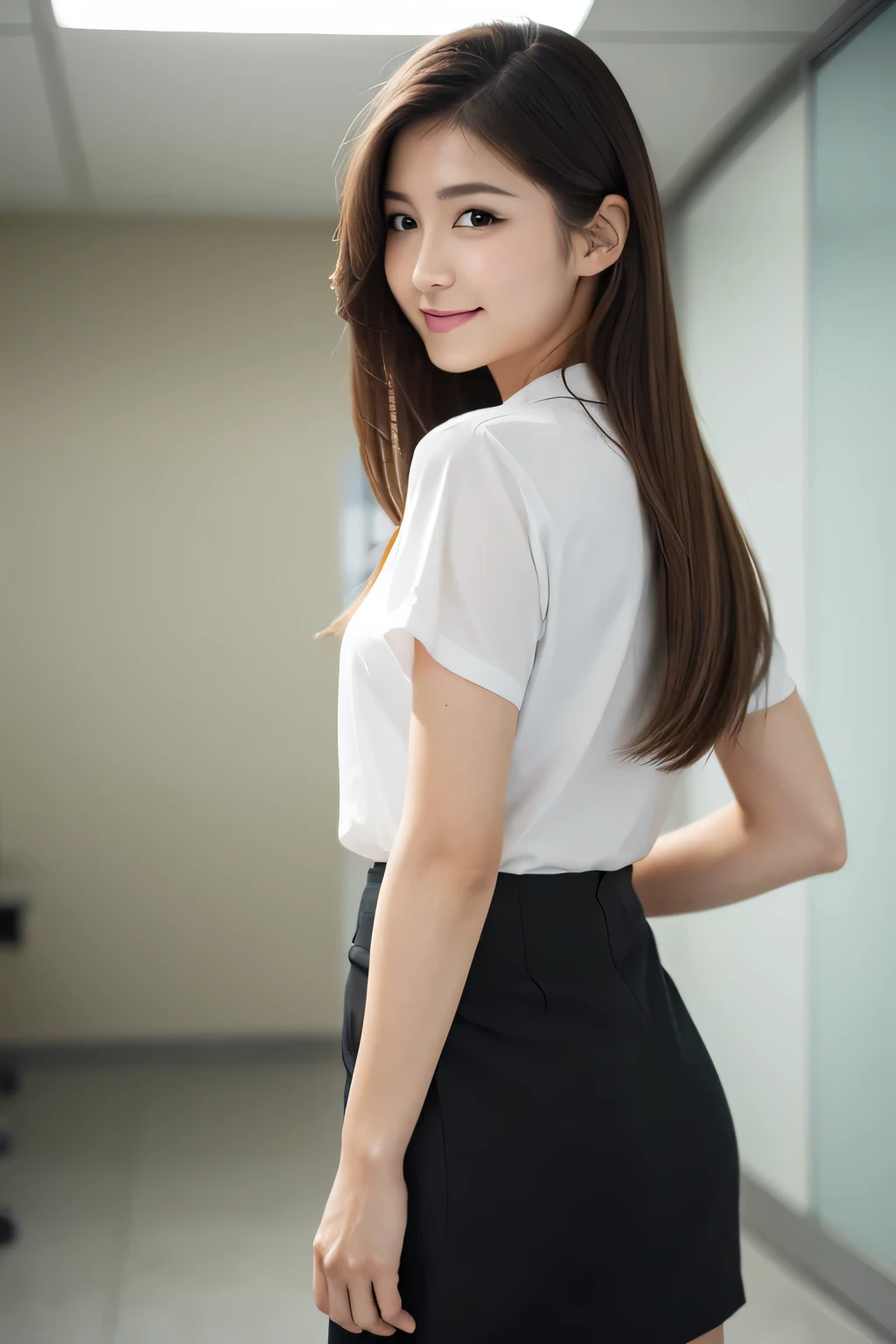 ((Masterpiece, Best Quality, highest resolution, Perfect Pixel, 4K))), 1girl, Single, Solo, Beauty, (full body shot, back shot, hands on buttocks), ((Medium long hair, Brown hair)), ((Brown-eyed, Beautiful eyelashes, Realistic eyes)), ((Detailed face, cute face, Blushing:1.2)), ((Smooth texture:0.75, Realistic texture:0.65, Photorealistic:1.1)), (medium breasts, Dynamic Angle, Skinny body), (( bowtie, School uniform, White blouse, See through:0.3, school uniform skirt, pleated skirts)), inside locker room, Looking up from the bottom, Very embarrassing smile, looking back, (The wind flipped skirt and exposed buttocks, Touching the buttocks with both hands, lace panties)