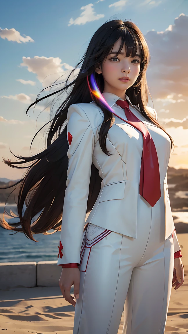 ((Masterpiece, best quality, very detailed), Volumetric light, surrounding occlusion, Rich and colorful, glow), 1 woman, lonely, young girl, (Black bangs), long hair, radius, wind energy, sacred, goddess, CEO vibe, (White suit with :Red necktie1.3), armor, outdoor, sunset, sky, cloud, space, (Fantasy Theme:1.2),