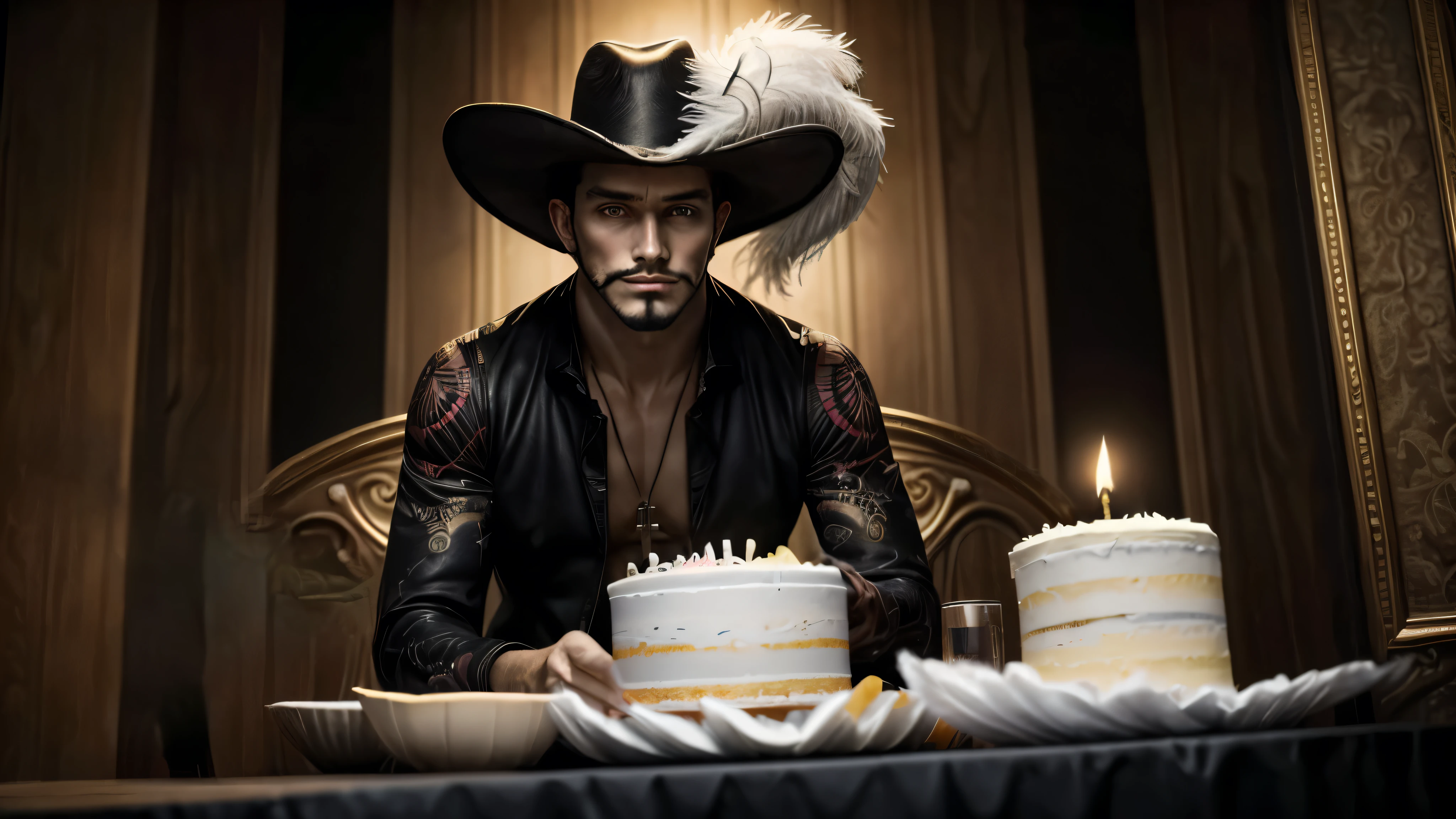 masterpiece, best quality, extremely detailed, hyperrealistic, photorealistic, a cool 40s man, ultra detailed face:1.2, black hat with feathers, sitting, strenuous movements, from below, dynamic angle, birthday-cake, table, serene