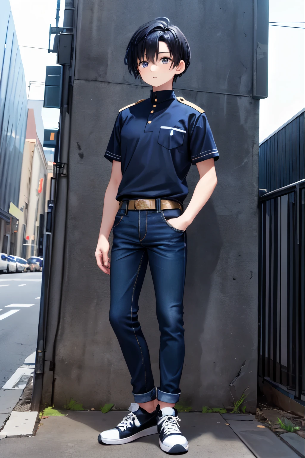 1boy, one boy, (blue iris, skinny man, black hair, black and blue hair, a blue strand hair dye on the front left, 1.8m tall, 20 years old, blue uniform, elegant jeans, black sneakers, white skin.) standing.