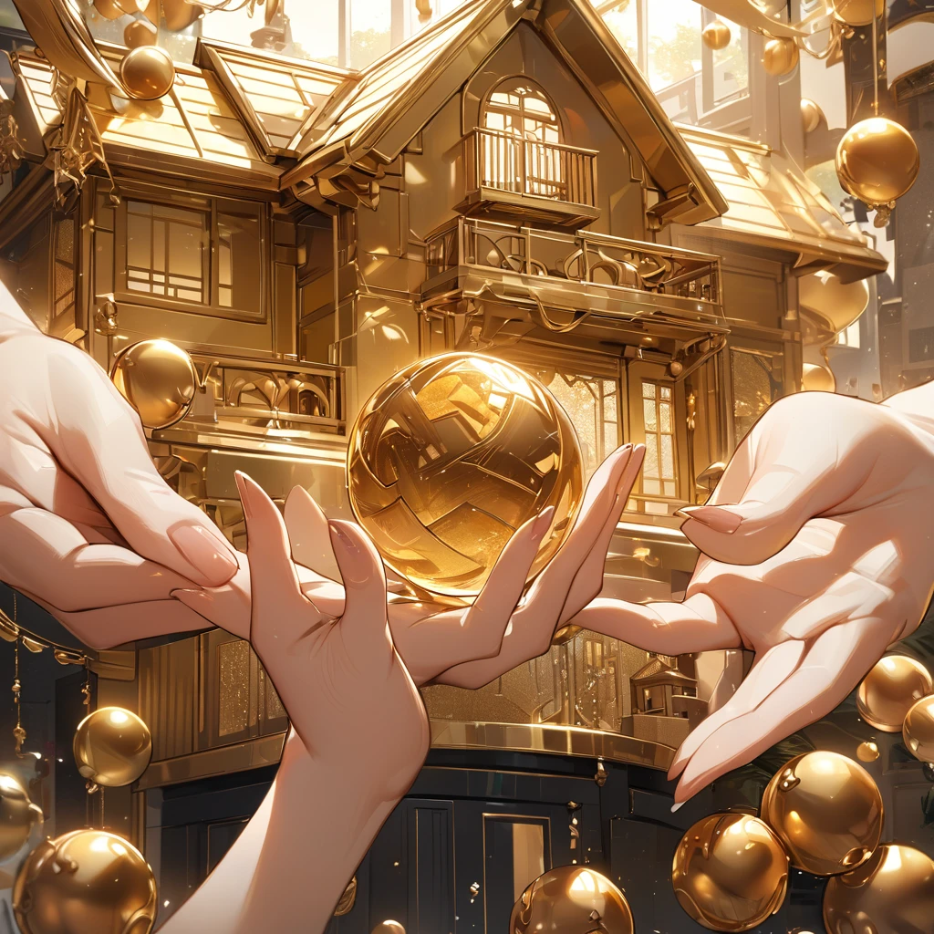 score_9, score_8_up, score_7_up, score_6_up, score_5_up, score_4_up,,masterpiece,absurdres, highres, ultra detailed, best quality,high quality,high resolution,8k,wallpaper,perfect hand,beautiful fingers,beautiful hands,fingertip、Western-style house、(((Golden House:1.5)))、((With golden ball:1.4))、((A real estate agent introducing a golden house))、The roof is covered with gold balls