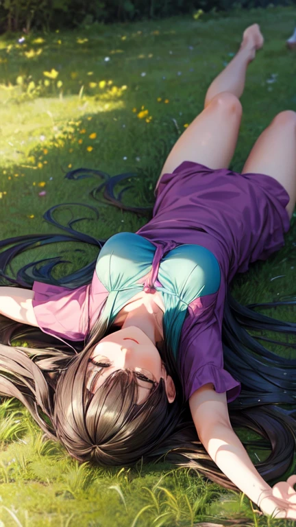 Woman lying on the grass, full body with her long hair intertwined throughout her body 