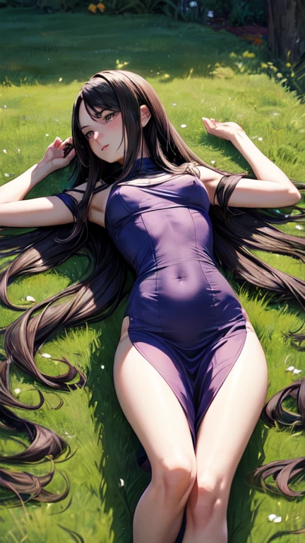 Woman lying on the grass, full body with her long hair intertwined throughout her body 