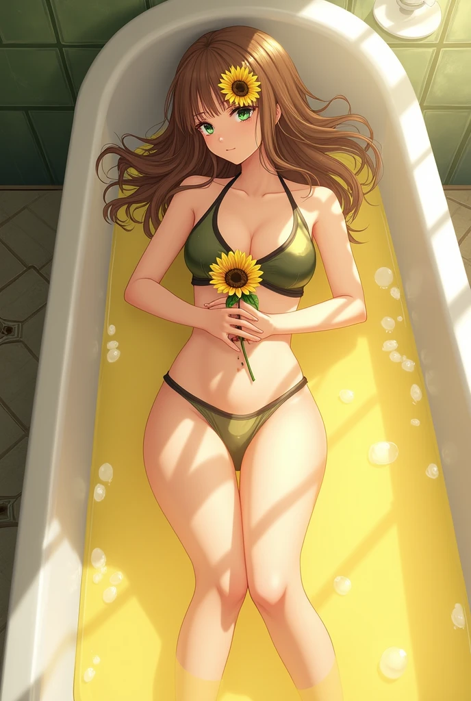 perverted girl ((Brown eyes)) ((blushing)) ((swimsuit)) ((wet panties)) (( medium breasts)) ((long brown hair)) ((condom in hand)) ((pistachio green bra and panties))