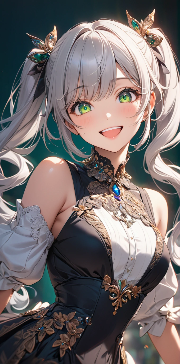 (masterpiece,top quality,high quality)), ((8K wallpaper unified with high definition CG)), Solo mature woman, 35yo,
Portrait, beautiful, full lips, smile, red make up, white hair in a loose bun, two long bangs parted, exposed forehead, long
eyelashes, sultry gaze, sexy, dark purple evening gown, very large breasts, long red fingernails, MILF, curvy body, mansion background, luxery, thick thighs, green eyes,