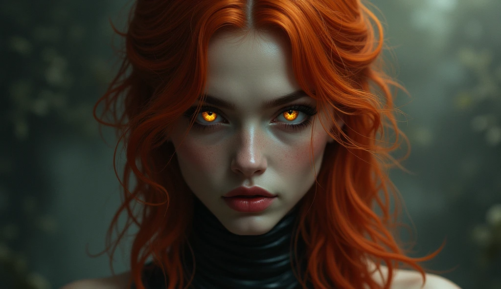 A woman with Red hair and Luminous eyes looks at the camera, Beautiful picture of the character, character portrait, character portrait, Charlie Bowater character art, epic portrait illustration, подробный character portrait, neo-artcore and Charlie Bowater, high quality portrait, fantasy concept art portrait, detailed matte fantasy portrait, charlie bowater art style, Detailed beautiful portrait, fantasy art portrait, dark, chiaroscuro, low-key, oil and watercolor painting