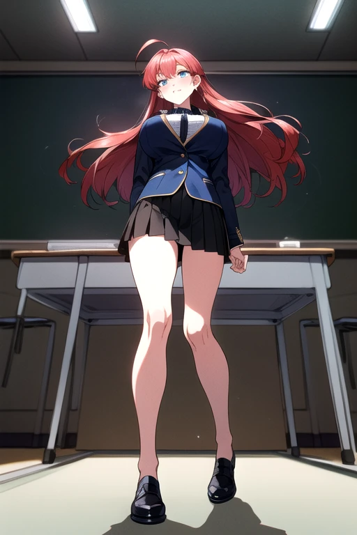 masterpiece, Highest quality, High resolution, Red Hair＿Long Straight Hair、Ahoge、Blue Eyes、　1990s \(style\),、(Big Breasts)、Sweating all over the body、vapor、、School classroom、Full body view、From below、Navy blue blazer uniform、Micro Mini Pleats Skirt、Black lace bra、Black Thong、Pinch up the edges of the skirt