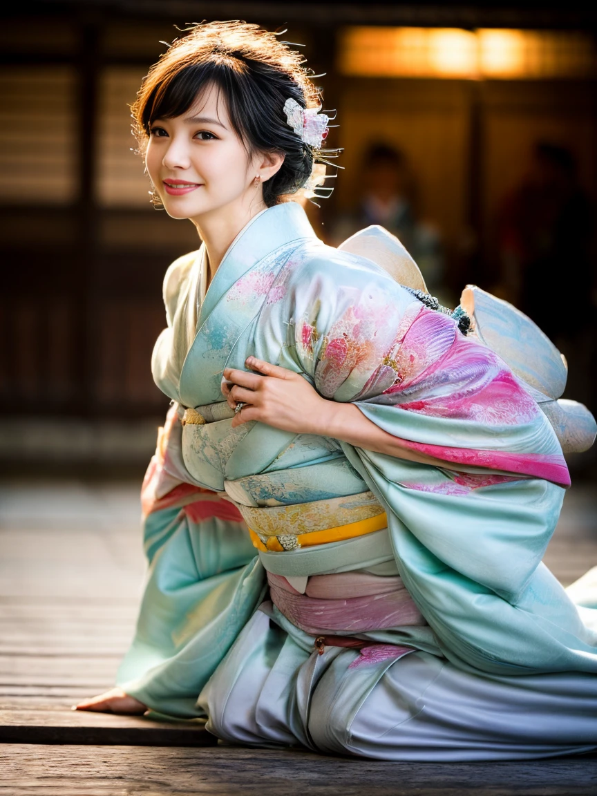 (8k, masterpiece, Highest quality), Very detailed, Exquisite and exquisite face, Beautiful Hair, On all fours,Professional Lighting, Realistic, Perfect body, super high quality、Ultra-high realistic image quality、Japanese、(丈花柄kimono:1.6), Tight waist, (blonde:1.3), (Blurred Background), (Grin), (Gal-style dark shadow eyeliner:1.4), (Long False Eyelashes:1.2)、(Gal-style makeup:1.2), Gal-style earrings, Gal style bracelet, (Thigh lift:1.3)、(Sexy pose:1.3), M Cup, Colossal breasts that are about to spill out, Sexy Body, Black Hair, landlady, 40 year old mature woman, Big breast swelling, Slack, M Cupの胸, Browsing Caution, whole body, hostel, kimono, SFW