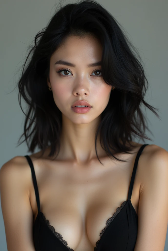Young woman with feminine features and serious expression, He has black hair, slightly wavy and loose cascading down, with some strands falling around her face. His skin is clear, with subtle freckles on her cheeks and her grey eyes, thick lips .She wears a black dress, lace and V-neck, which gives it an elegant touch that highlights her large bust. She wears a thin necklace *ultra HD* *high quality* artistic or conceptual portrait
