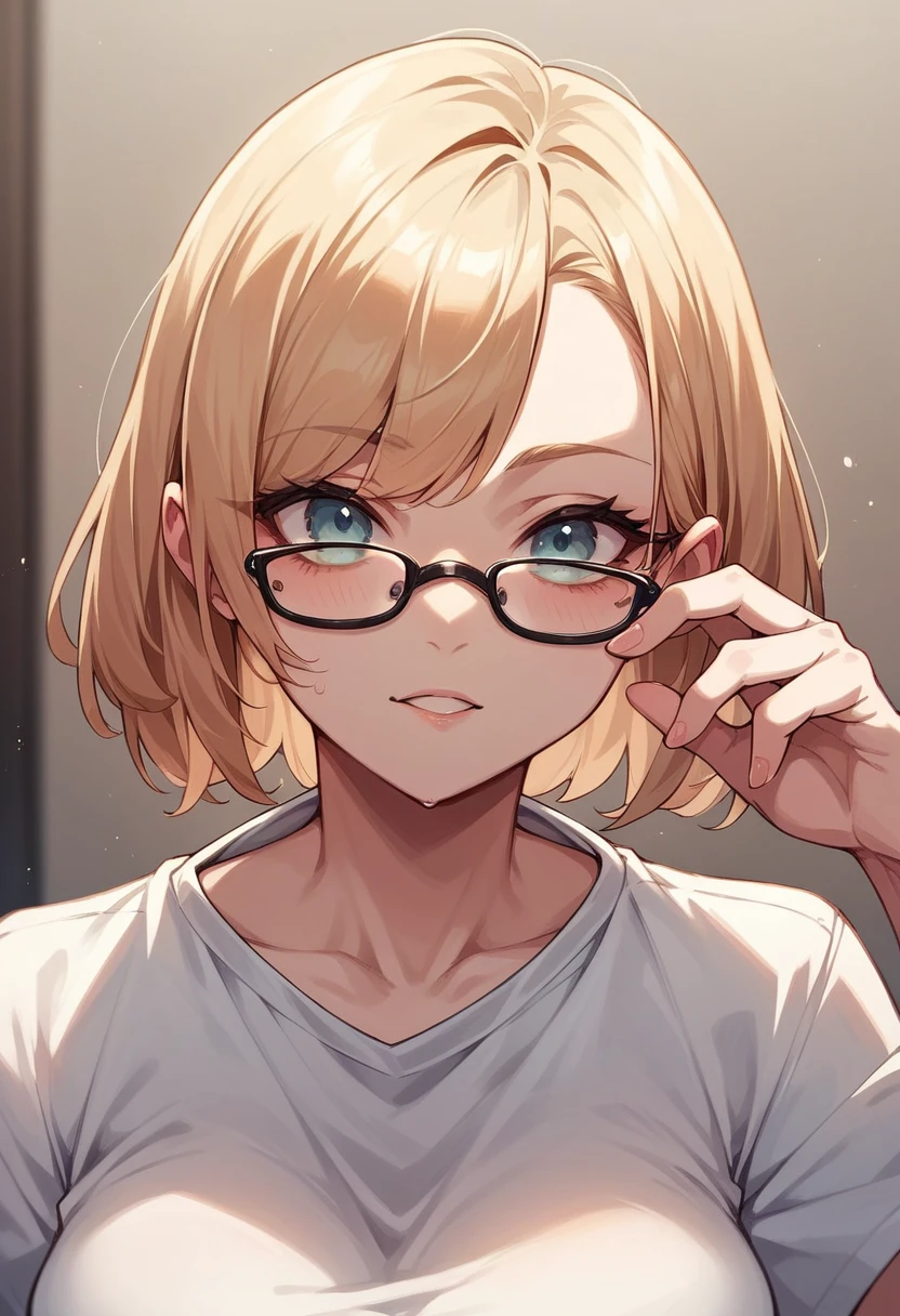 1 girl, beautiful girl, cute girl and idol face, smile, short and bob cut hair, shiny silver hair, antenna hair , beautiful green, eyes, white skin, beautiful body, black-rimmed glasses, Japanese High School Girls' completely nude, bedroom