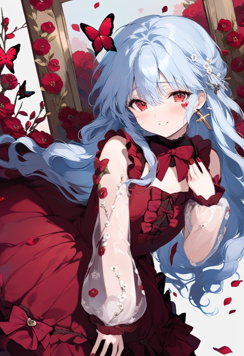  (illustration, official art:1.1), 1 girl ,(((( light blue long hair)))), ,(((( light blue long hair)))), ((blush)) , cute face, big eyes, masterpiece, best quality,(((((a very delicate and beautiful girl))))),((((little delicate girl)))),tareme, ,, affectionate smile, (true beautiful:1.2)(flat chest)、masterpiece, best quality, 1girl, solo, long hair, red eyes, jewelry, looking at viewer, red bow, butterfly, bow, smile, bug, dress, flower, hair between eyes, cross, picture frame, earrings, bangs, long sleeves, red nails, see-through, see-through sleeves, puffy sleeves, nail polish, parted lips, red dress, red flower, red bowtie, facial mark, cross earrings, petals, frills, bowtie, hand up