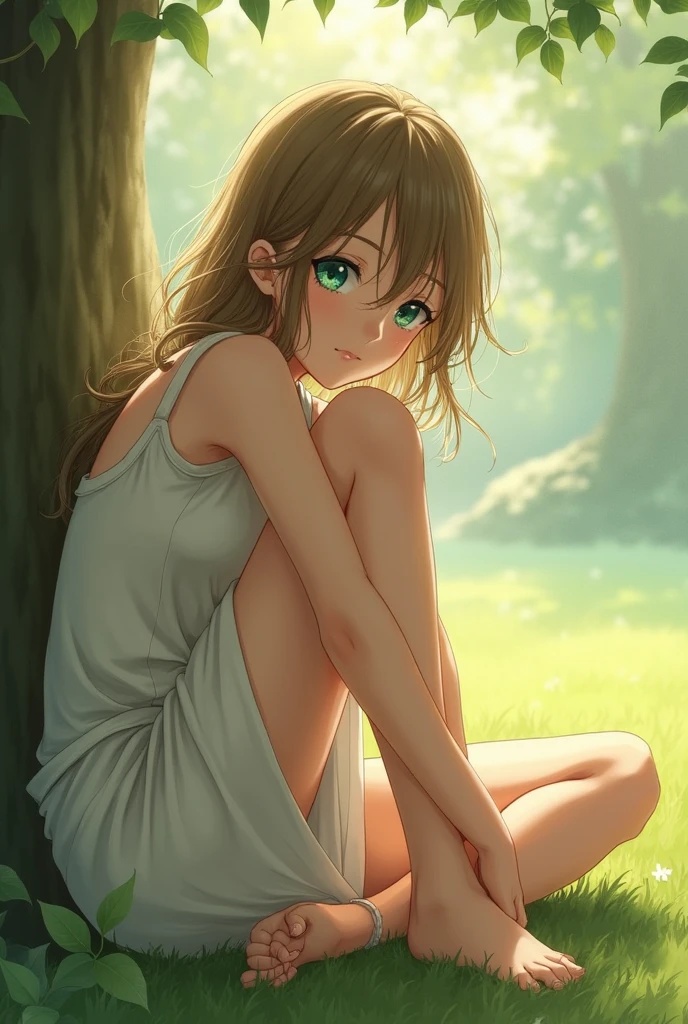((Masterpiece)), (Anime:1.5), ((best quality)), (RAW photo:1.2), (High Definition:1.3), (Professional Photography:1.2), (chromatic aberration), Textured skin, cinematic lighting, (()), from side, wide shot, cat ears, pale brown hair, smile and open big mouth, Cute Beautiful girl, BREAK, ((best quality)), Textured skin, very unruly hair, (slightly exposed nipples), ragged camisole, (dirty white camisole), Slender body, small breasts, slum townscape, (Sit with legs stretched out on the lawn, botanical garden),