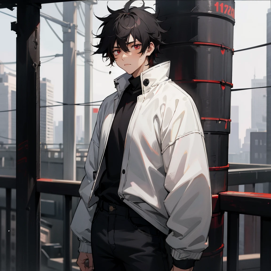 1male , Red Eyes , Sad Expression , Black Hair , Messy Hair , Black Jeans, Modern City Background , Jujutsu Tech , Tired Eyes , Standing On Building, Adult Male, White Jacket, Black Shirt