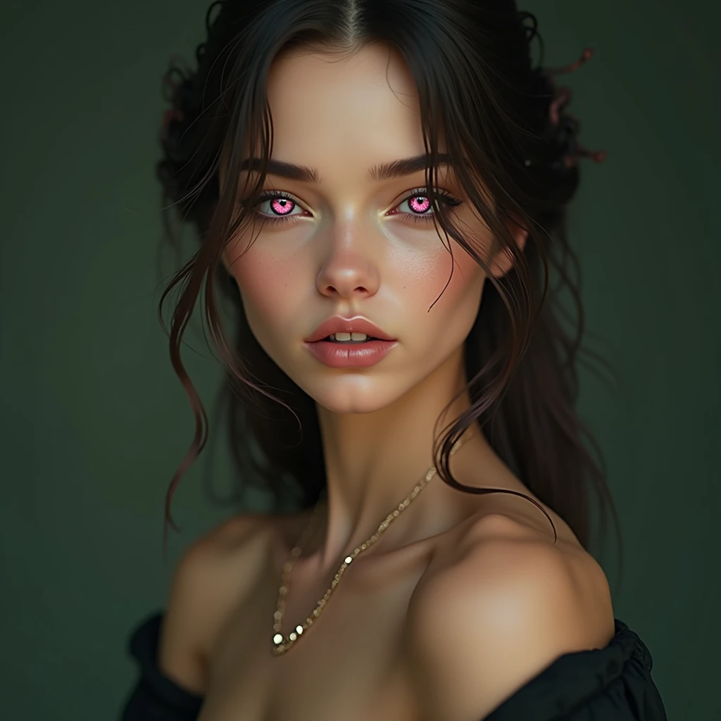 A woman with smooth tanned skin, with two different colored eyes right eye had a red colored pupil and left eye had a purple colored pupil she was beautifully magestic and she wore a floral summer like dress it was cream in color with greenish red flowers that complements her dark curly hair that was tied up into a messy bun with a black ribbon and paires with black leather boots.