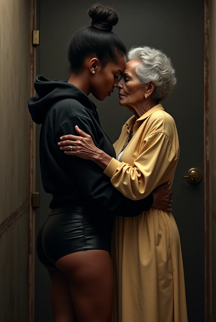 black woman hair in a bun black hoodie black leather short shorts laying on a old grandmas lap getting her ass spanked by the old grandma. living room
