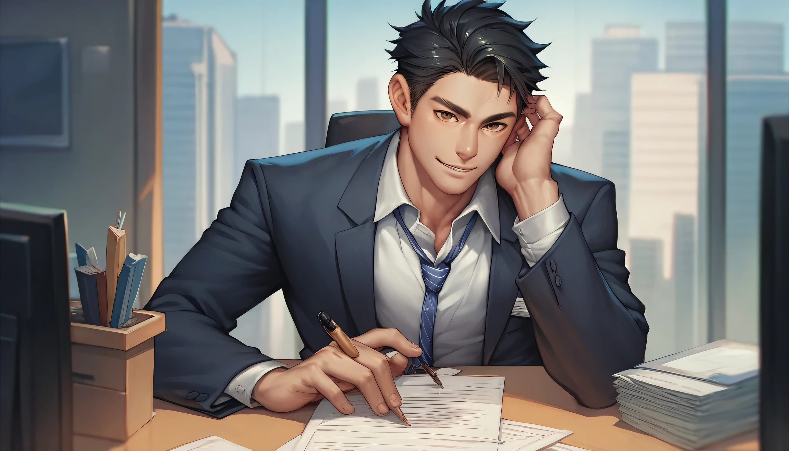 Office worker, alone, operating a PC at the desk, Japanese, black hair, brown eyes, male, suit, office