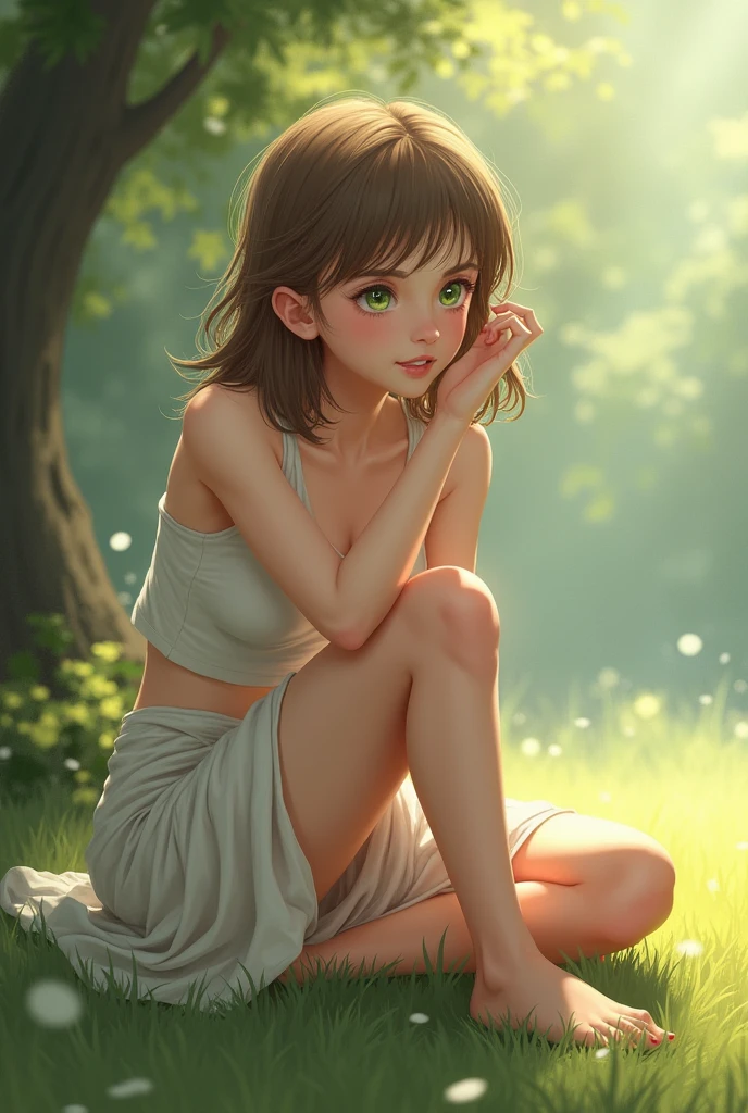 Professional photo-realistic images, (on green in sunset park), (No bra and wearing a loose white pullover) A cute Japanese woman with fluffy short hair 20 years old, she is crouching, leaning forward, and placing her hands on her knees. the pullover collar is dangle down from chest, her breasts and nipples are glimpse from the gap, She looks at me and blushes with a shy smile.　Composition from directly above, nsfw,