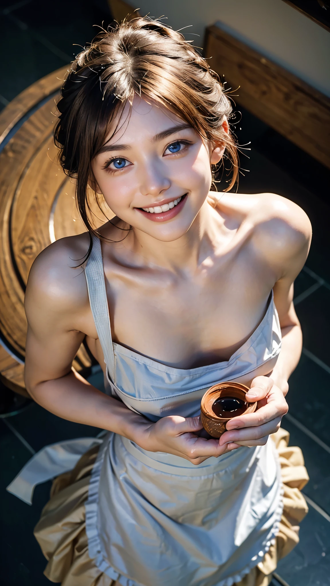 (Preserve face images), Golden Ratio、(((Drinking water from a cup)))、Pale face:1.3、Super thin face:1.3, (very big eyes:1.5)、 (blown eyes:1.5), master piece、8k, {highest quality}, {{masterpiece}}, {very delicate and beautiful}, outstanding light and shadow, highly detailed wallpaper, clear and bright sunlight, (((Full body))), 1 girl, blush、(薄い茶Farbeの髪), strong sunlight, ((a strong light shines on your face)), Farbe々A pose:1.5, necklace、ring、earrings、BREAK (( (Cozy Lounge), Oversized white crop top, mini skirt, ):1.3), (Dynamic Angle:1.4), (((Dynamic Pose))), (white fringe trim:1.4), ((bateau neck, collarbone):1.3), (sandals with heels:1.2) ,(Toothless smile:1,5), Photography studio background:1.5