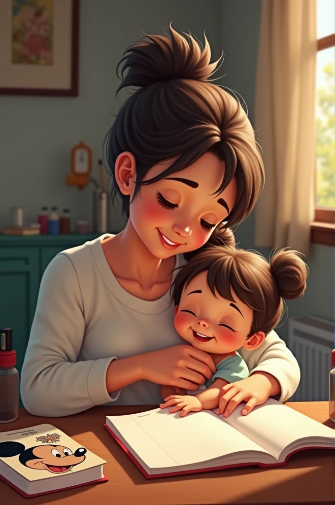 Illustration of mother telling bedtime story to ,Warm bedroom,bed,Smile,close up,Pixar cinematic style, best quality, movie stills,