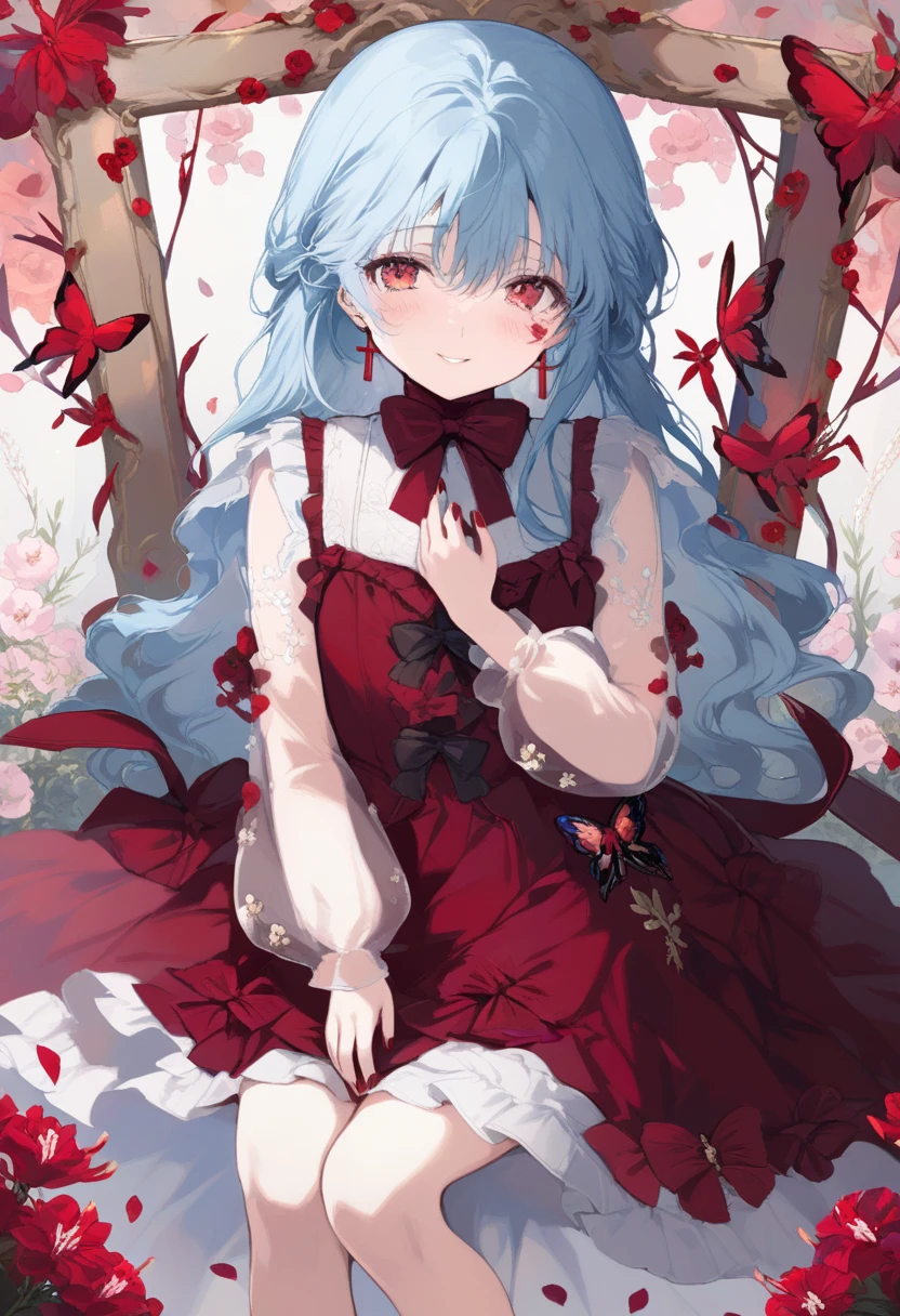  (illustration, official art:1.1), 1 girl ,(((( light blue long hair)))), ,(((( light blue long hair)))), ((blush)) , cute face, big eyes, masterpiece, best quality,(((((a very delicate and beautiful girl))))),((((little delicate girl)))),tareme, ,, affectionate smile, (true beautiful:1.2)(flat chest)、masterpiece, best quality, 1girl, solo, long hair, red eyes, jewelry, looking at viewer, red bow, butterfly, bow, smile, bug, dress, flower, hair between eyes, cross, picture frame, earrings, bangs, long sleeves, red nails, see-through, see-through sleeves, puffy sleeves, nail polish, parted lips, red dress, ,red cluster amaryllis, red bowtie, facial mark, cross earrings, petals, frills, bowtie, hand up