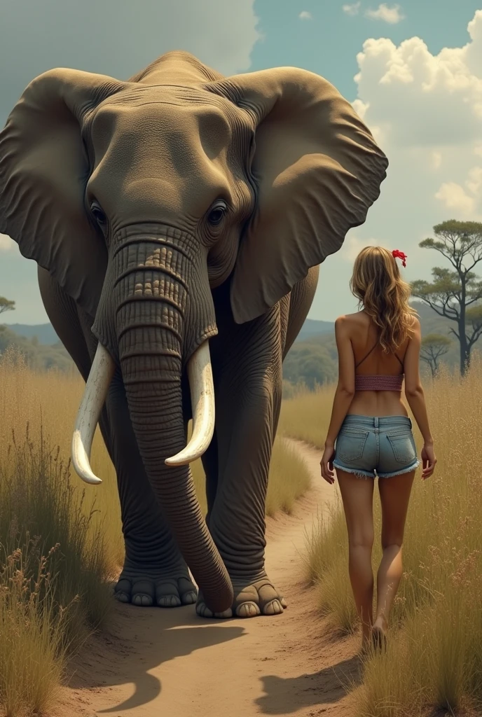 A naked woman reveals her beautiful breasts and buttocks, running out of a stream in a dense forest, escaping from an elephant chasing her from behind.