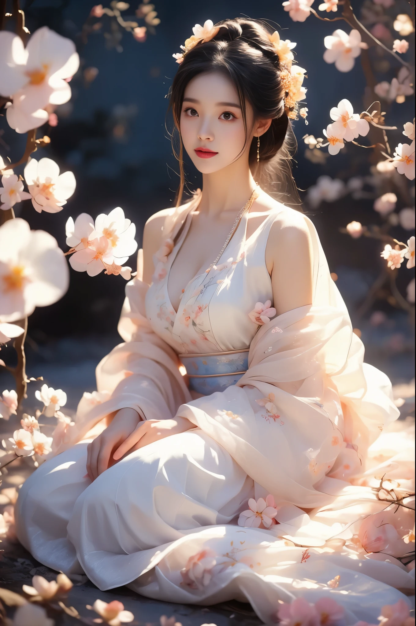 Hanfu-song, Hanfu, song theme, headband, Tube Top, ((whole body))(Quality Improvement:1.4), 1 girl, In the flowers, ((Lying down, 躺In the flowers, Natural kneeling)), Full breasts,Visible cleavage,Sexy long legs,The skirt is very short,She gently lifted her skirt with one hand,Surrounded by white Phalaenopsis orchids,Lilac dendrobium、White Lily, Flying petals,(Top quality leather), Delicate face,Black Hair, Gradient hair, Body,(Body1.1), He has a precious gem on his forehead...., Excellent students,Long eyelashes,Smile, Surrealism, Movie Lighting, Projection Insert, Surrealism, Ultra HD, masterpiece,lie,Keep dreaming,Open your legs slightly.,Tattoo,Fantasy Space,Luxurious space,Exquisite makeup,blush,Shy expression