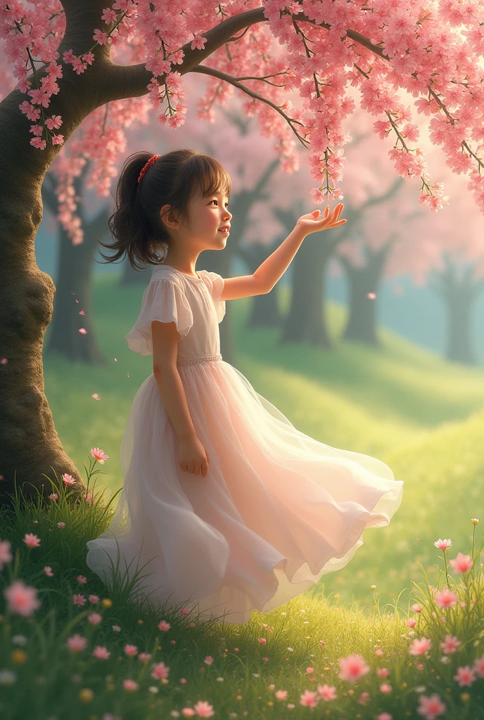 A small girl dancin in flowe garden