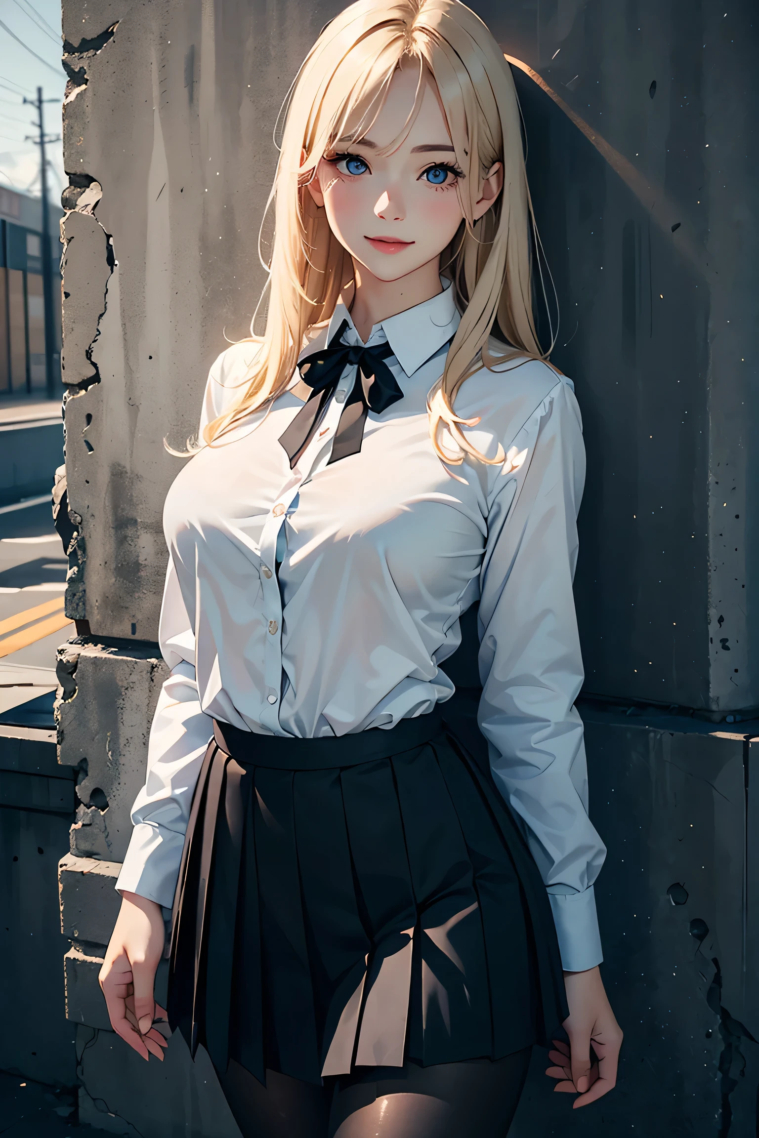 Korean school uniform，White transparent shirt，Ribbon Ties，JK uniform miniskirt，School Classroom，school stairs，Chest thrust pose，8K raw photos，A high resolution，17-year-old South Korean，Very large round breasts，，beautiful eyes in detail，long eyelasher，beautiful double eyelid，eye shadows，eyes liner，Elongated eyes，Elongated eye shape，Sanpaku eyes，evilsmile，Evil expression，Beautiful and very thin legs， Beautiful and very thin thighs，Random long hair，Hair tied behind the head，耳Nipple Ring，Bright blonde hair，