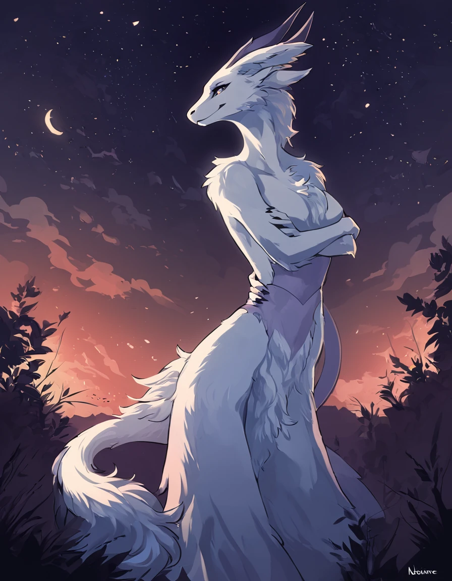 Furry dragon with white fur, full body with both hands on waist in anime art style, nocturne background