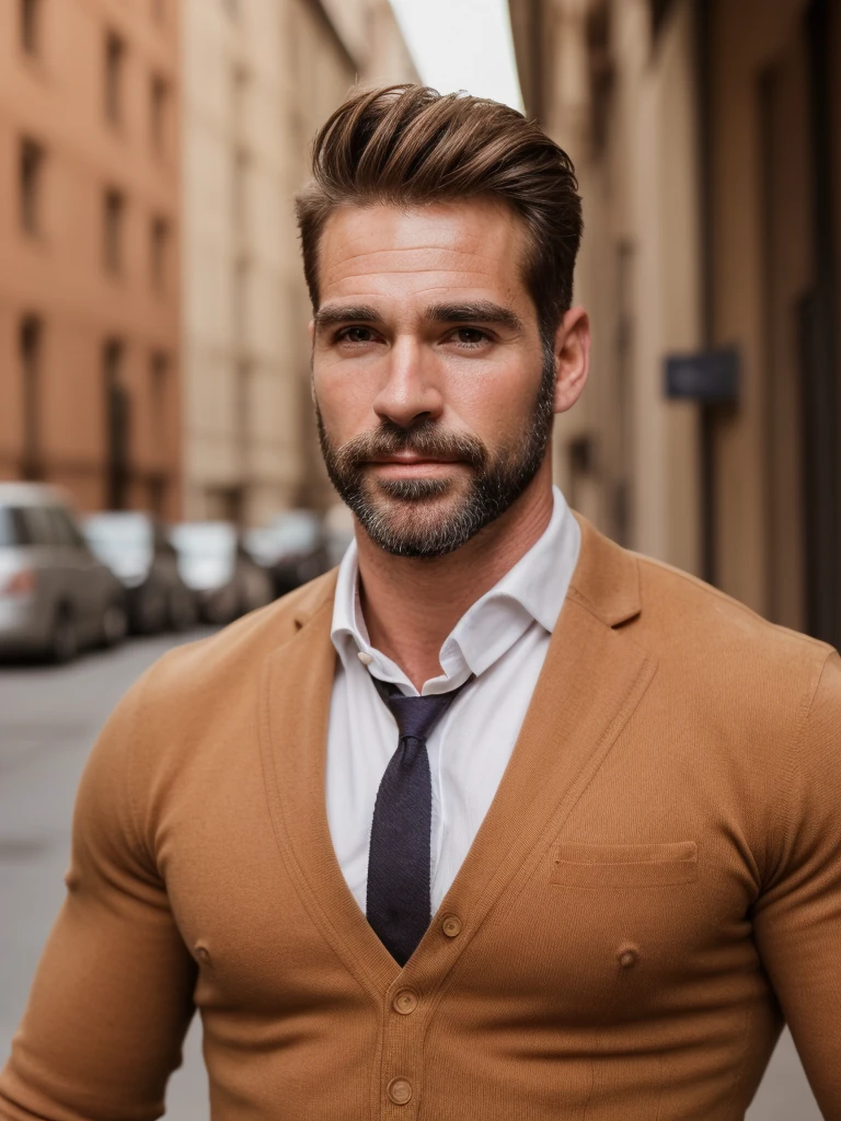 hair, portrait of a ruggedly handsome, muscular, half body, masculine, mature, Retrato de un joven, Muscular very handsome and attractive spanis men, a 40 years old male, Retrato de un joven, Muscular, real, in office outfit, city, street.