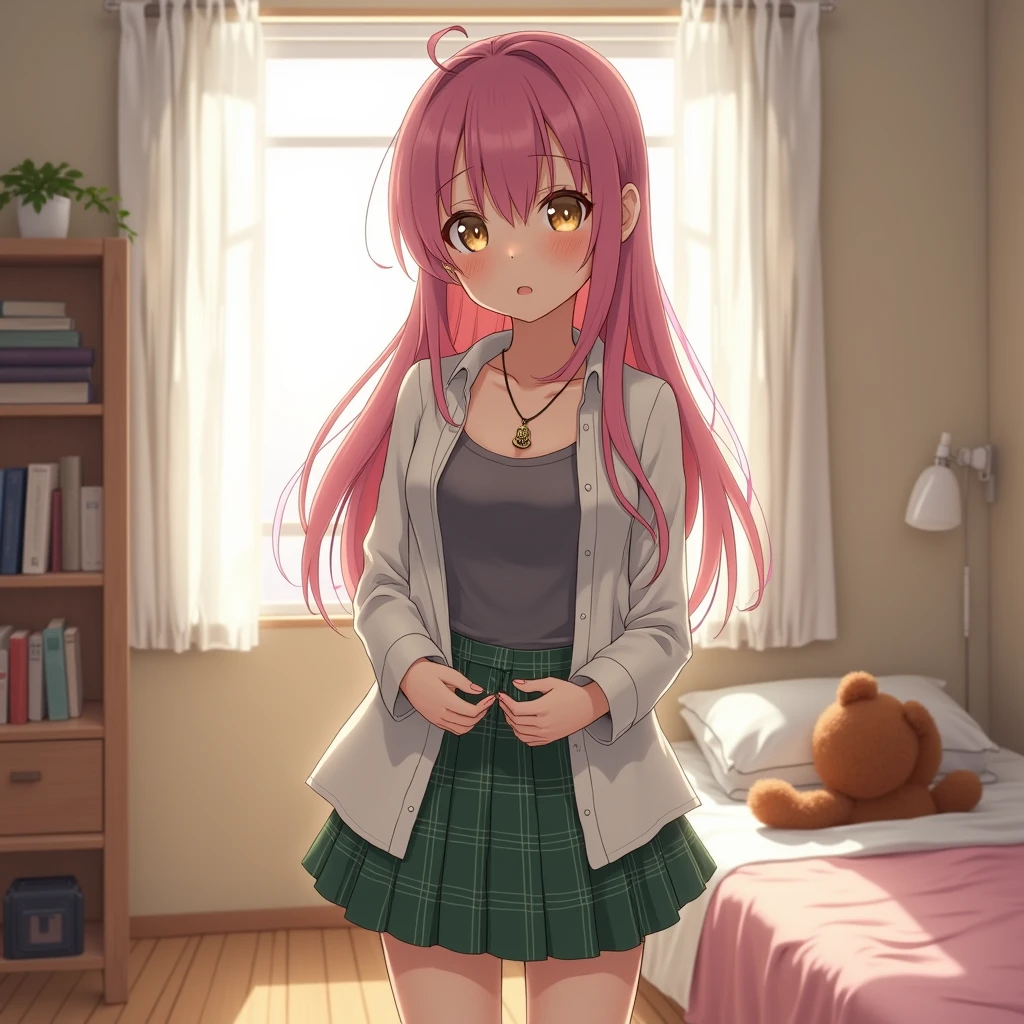 (The ultimate masterpiece), (Ultra HD), (Ultra-fine), High resolution, Ultimate beauty, High chroma, vivid,Girl,(pretty girl), Thighs, (cardigan), (skirt), Super Smile, Red hair,ショートBob，(Bob),Red Eyes ,Small breasts, Cute room，put one&#39;s hand between one&#39;s thighs