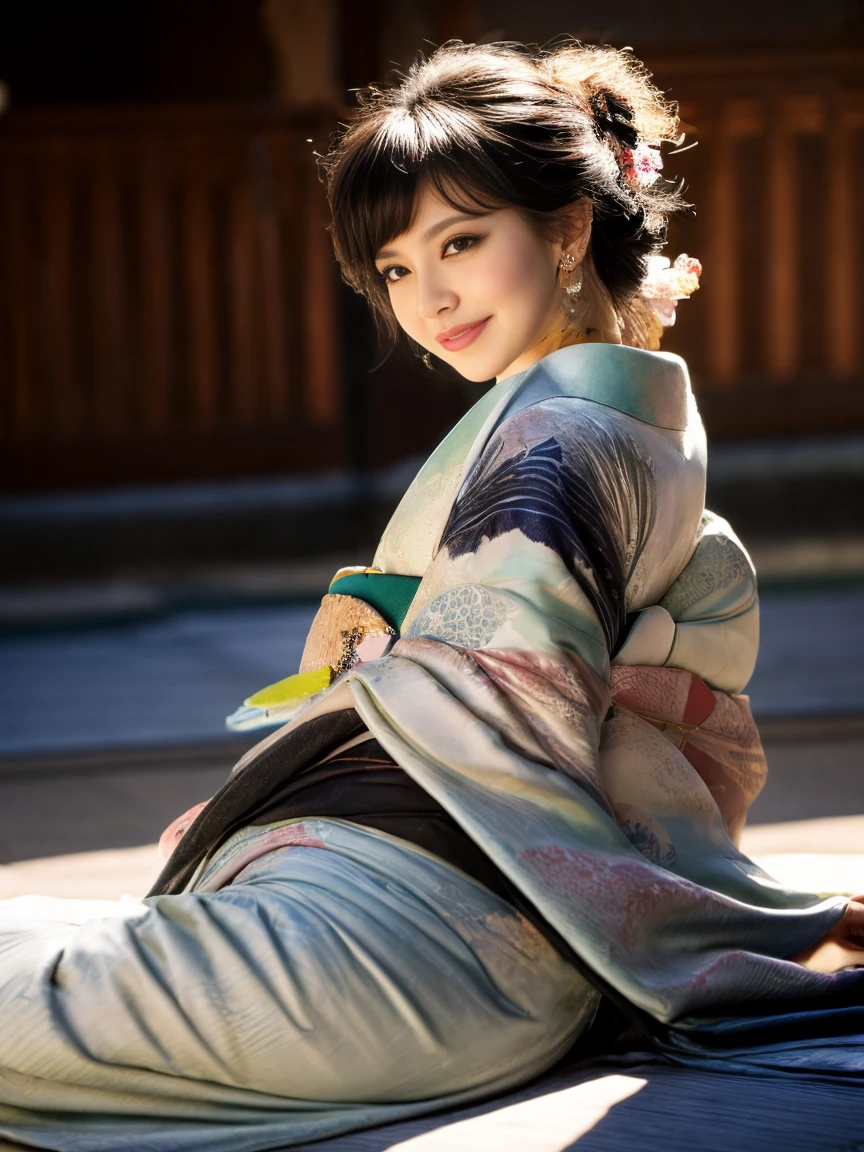 (8k, masterpiece, Highest quality), Very detailed, Exquisite and exquisite face, Beautiful Hair, On all fours,Professional Lighting, Realistic, Perfect body, super high quality、Ultra-high realistic image quality、Japanese、(着崩した丈花柄kimono:1.6), Tight waist, (blonde:1.3), (Blurred Background), (Grin), (Gal-style dark shadow eyeliner:1.4), (Long False Eyelashes:1.2)、(Gal-style makeup:1.2), Gal-style earrings, Gal style bracelet, (Thigh lift:1.3)、(Sexy pose:1.3), M Cup, Colossal breasts that are about to spill out, Sexy Body, Black Hair, landlady, 40 year old mature woman, Big breast swelling, Slack, M Cupの胸, Browsing Caution, whole body, hostel, kimono, SFW