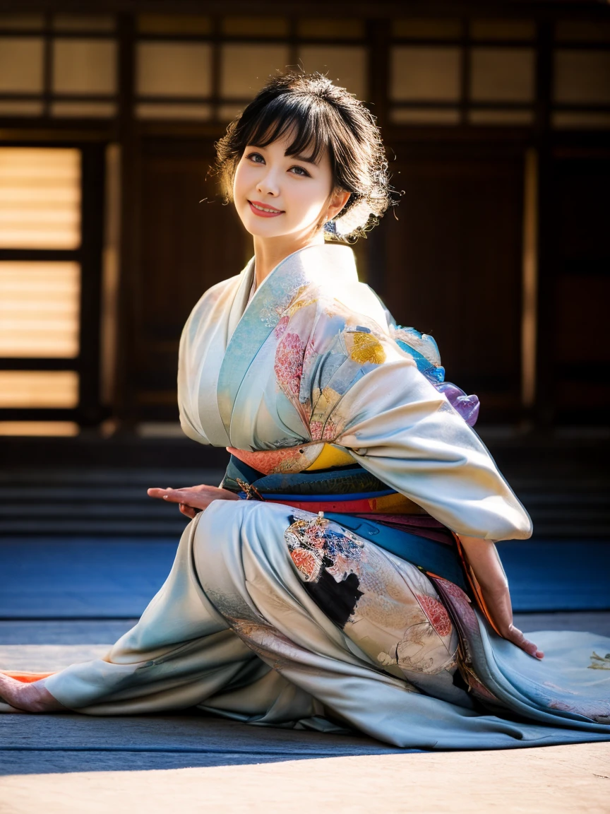 (8k, masterpiece, Highest quality), Very detailed, Exquisite and exquisite face, Beautiful Hair, On all fours,Professional Lighting, Realistic, Perfect body, super high quality、Ultra-high realistic image quality、Japanese、(着崩した丈花柄kimono:1.6), Tight waist, (blonde:1.3), (Blurred Background), (Grin), (Gal-style dark shadow eyeliner:1.4), (Long False Eyelashes:1.2)、(Gal-style makeup:1.2), Gal-style earrings, Gal style bracelet, (Thigh lift:1.3)、(Sexy pose:1.3), M Cup, Colossal breasts that are about to spill out, Sexy Body, Black Hair, landlady, 40 year old mature woman, Big breast swelling, Slack, M Cupの胸, Browsing Caution, whole body, hostel, kimono, SFW