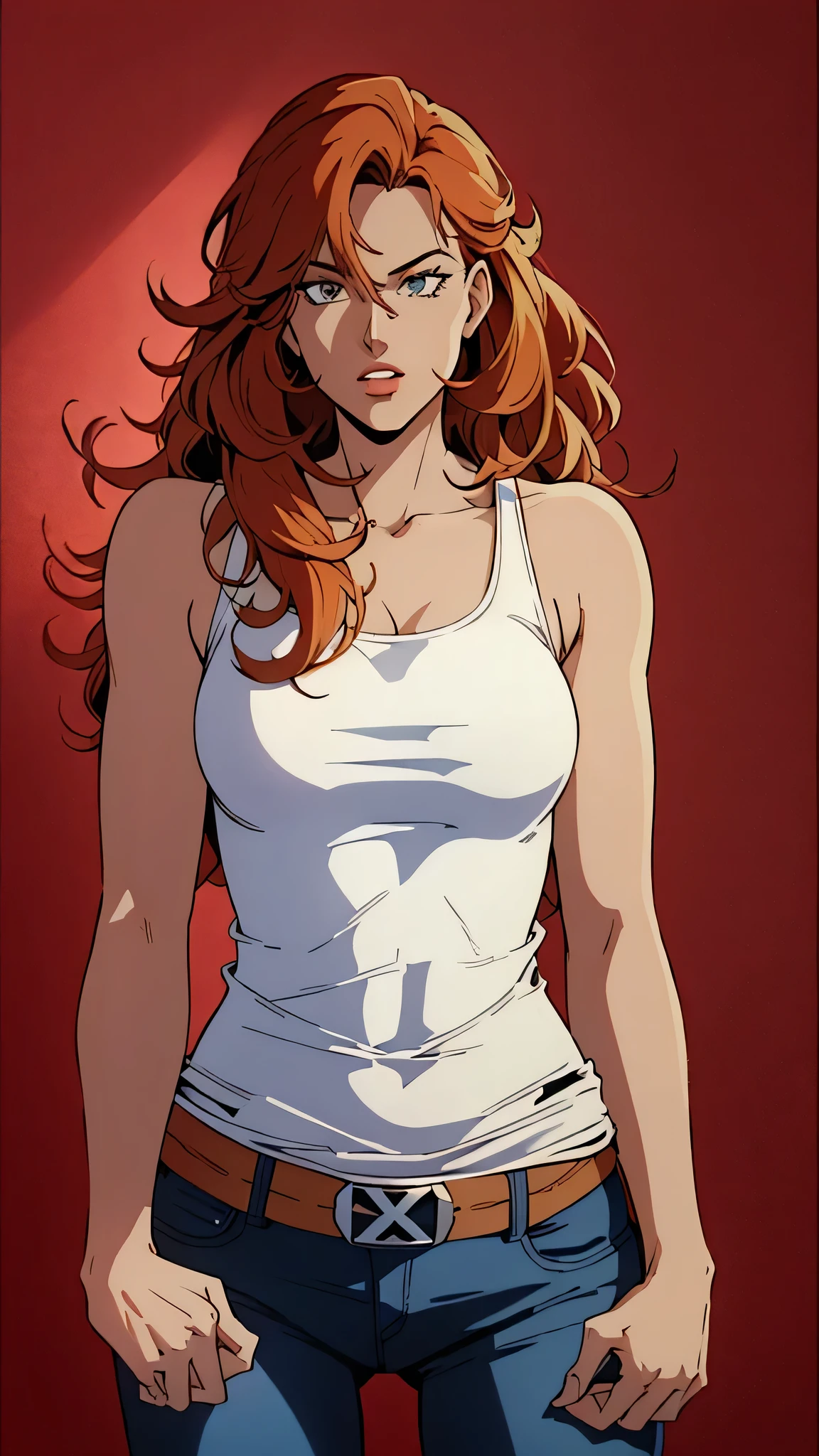 long wavy hair, white tank top, dark blue jeans, casual style, leather belt, standing pose, natural light, red background, right hand slightly clenched, simple and relaxed atmosphere, front view, medium depth of field, even exposure((X-men TaS Style)), retro artstyle,90s comic book style,Marvel Comics，X-men the Animated Series