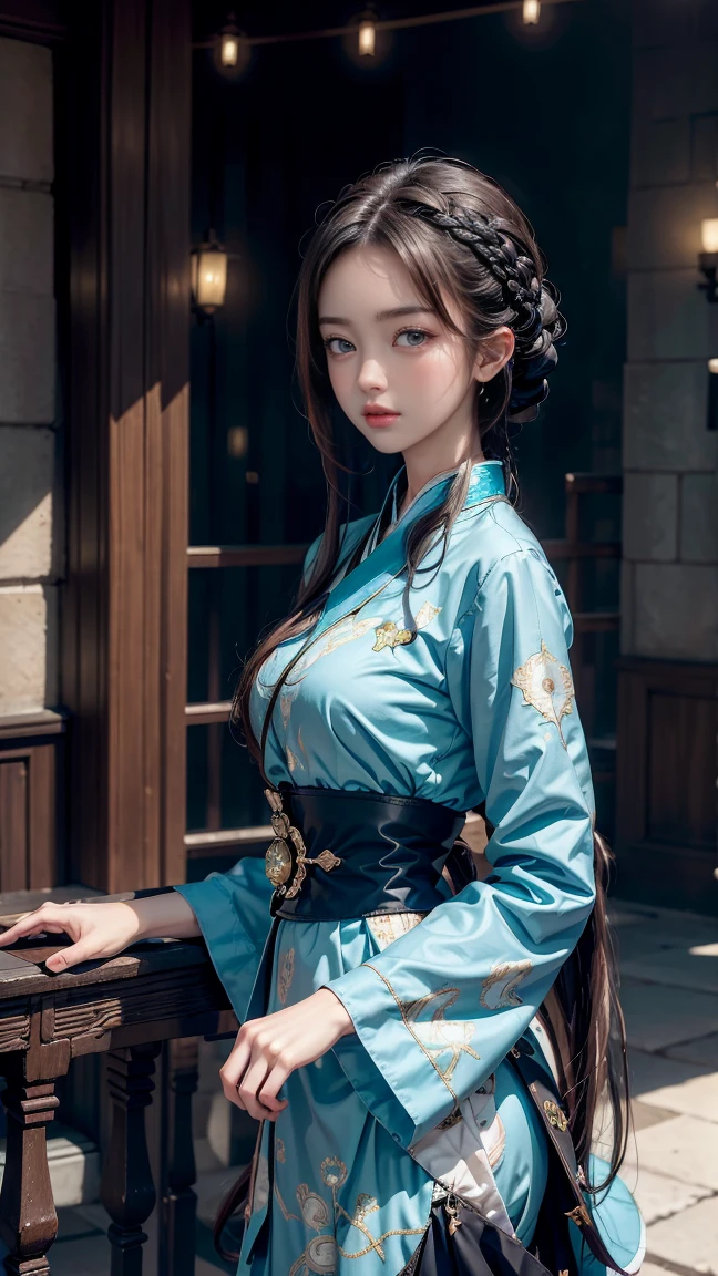 Woman in blue dress sitting on bench, hands on chin, palace, Hanfu girl, wearing ancient Chinese clothing, Hanfu, wearing ancient Chinese clothing, Chinese clothing, traditional Chinese clothing, white Hanfu, Chinese Traditional, Chinese style, Japanese goddess, anime girl cosplay, qipao, Chinese clothing, wearing blue cheongsam dress, (Qi bangs), (big breasts: 1.2), (open collar showing chest), (ring finger diamond ring), masterpiece, realistic