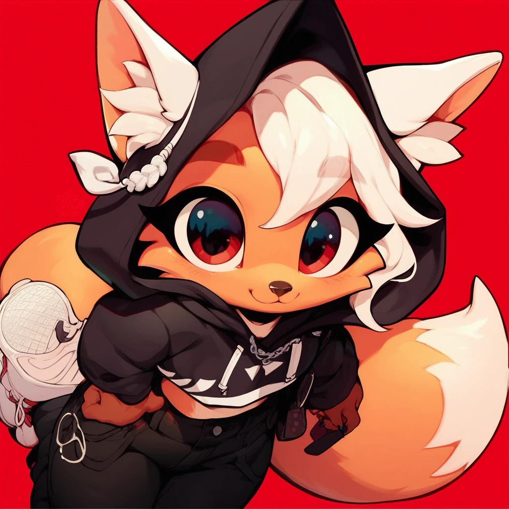 1girl, fox girl, cute fox, anthro, black hood, black pants, red background