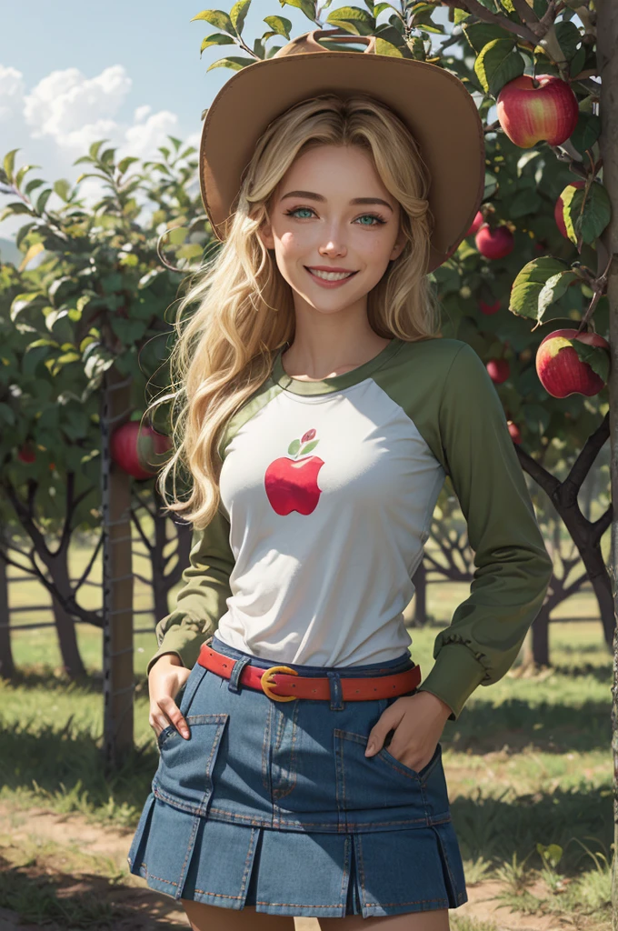 mlpapplejack, blonde ponytail hair, green eyes, cowboy hat,t-shirt with green sleeves, apple design, denim skirt, belt, looking at viewer, smiling, hands on hips, 
standing in a farm, apple trees, blue sky, extremely detailed, HDR, beautiful quality, natural lighting,