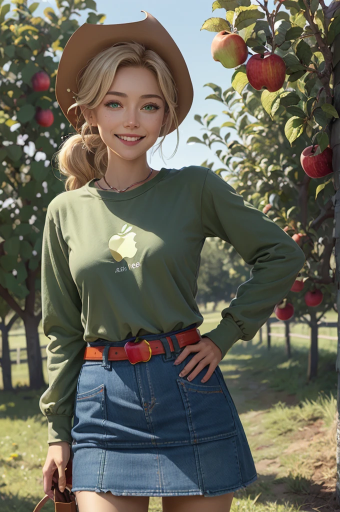 mlpapplejack, blonde ponytail hair, green eyes, cowboy hat,t-shirt with green sleeves, apple design, denim skirt, belt, looking at viewer, smiling, hands on hips, 
standing in a farm, apple trees, blue sky, extremely detailed, HDR, beautiful quality, natural lighting,