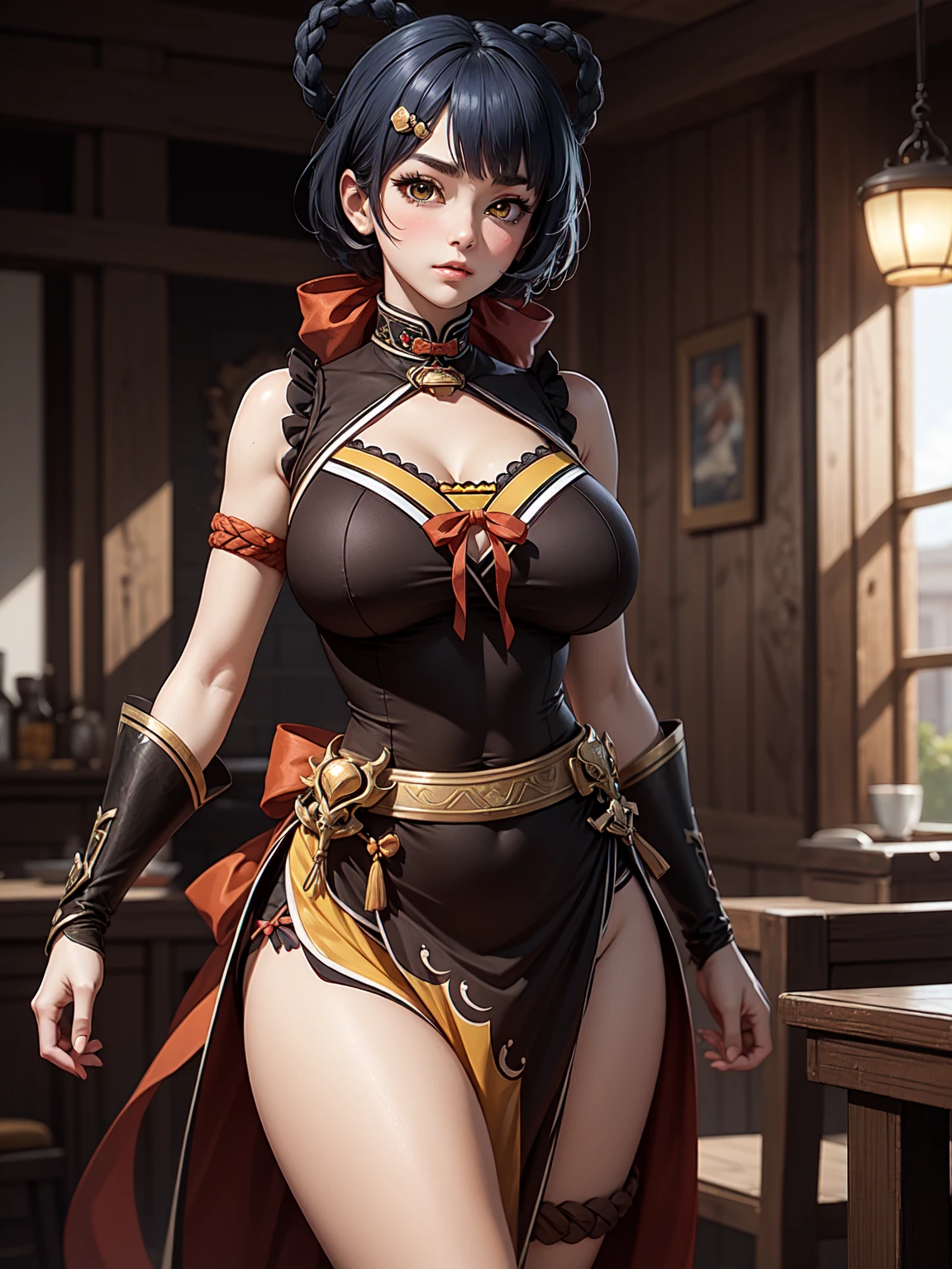 Masterpiece, ultra detail, high quality, 8k cg, (huge breasts), xianglingdef, blush, bright eyes, standing, indoors, slim body, narrow waist, upper body