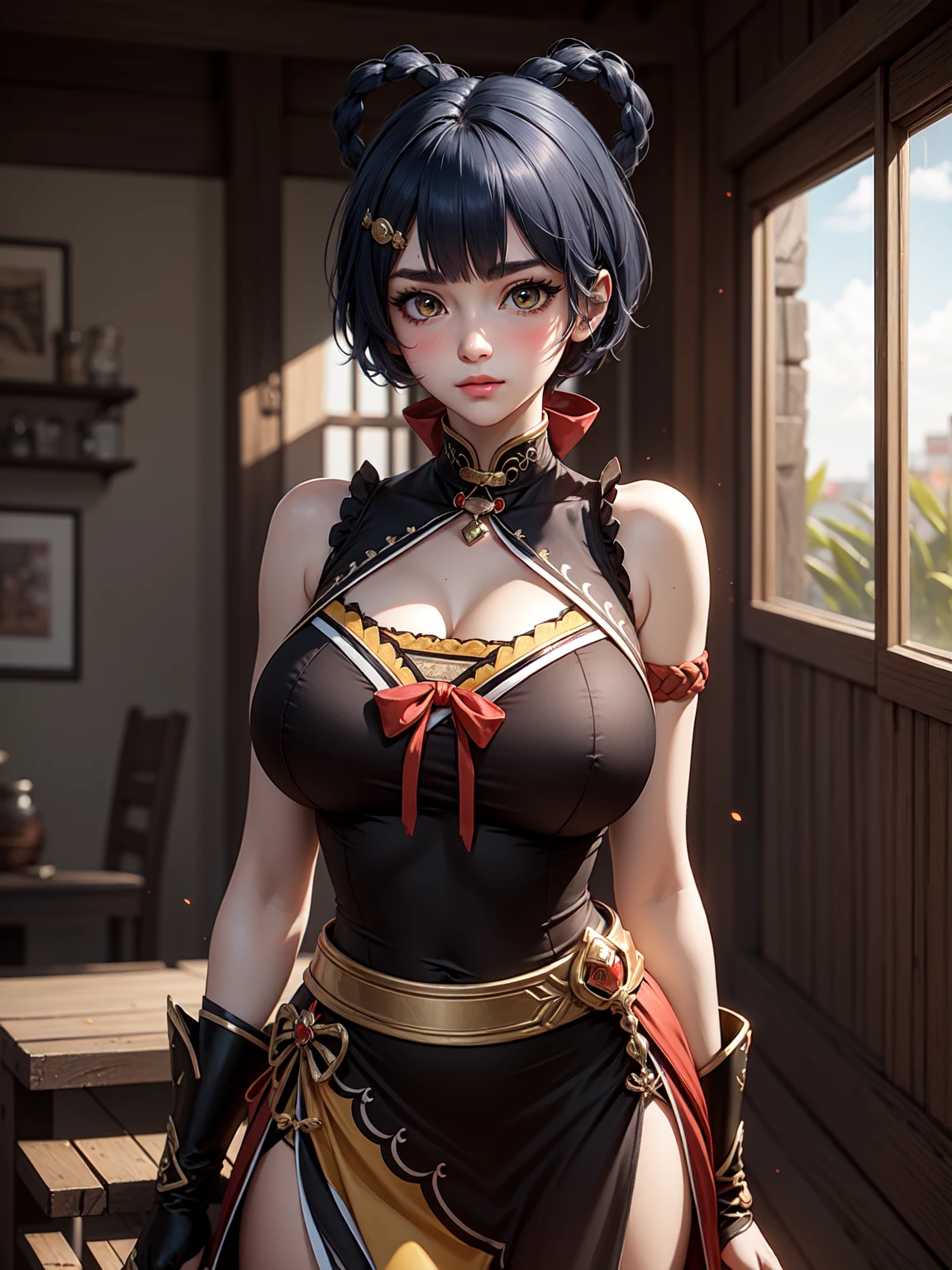 Masterpiece, ultra detail, high quality, 8k cg, (huge breasts), xianglingdef, blush, bright eyes, standing, indoors, slim body, narrow waist, upper body