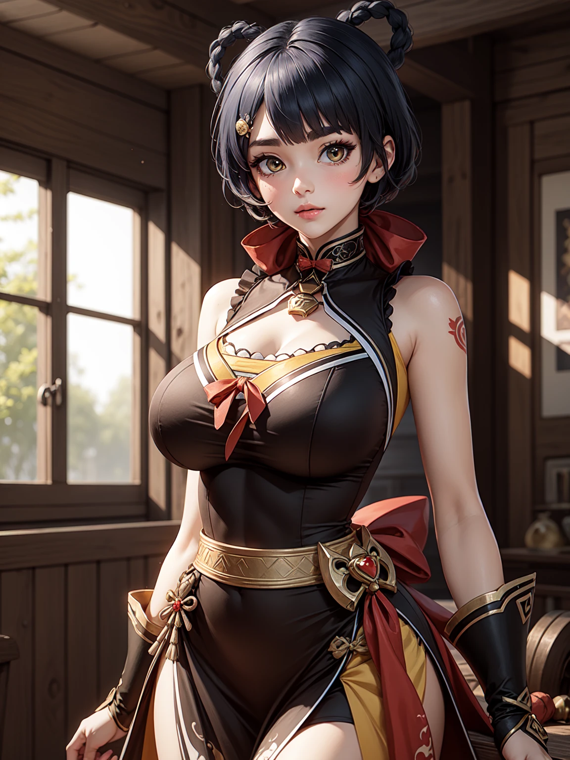 Masterpiece, ultra detail, high quality, 8k cg, (huge breasts), xianglingdef, blush, bright eyes, standing, indoors, slim body, narrow waist, upper body