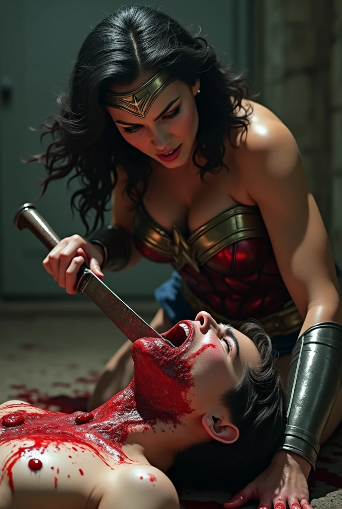 From extreme close-up a beautiful black-haired woman under the cloak of the Amazon warrior Wonder Woman screaming with the blonde Kara zor-El alias Supergirl in her arms crying her death a lot of blood around her bloody and terrifying images Supergirl with many wounds and blood dying slowly,(((Images without any deformity in their limbs)))