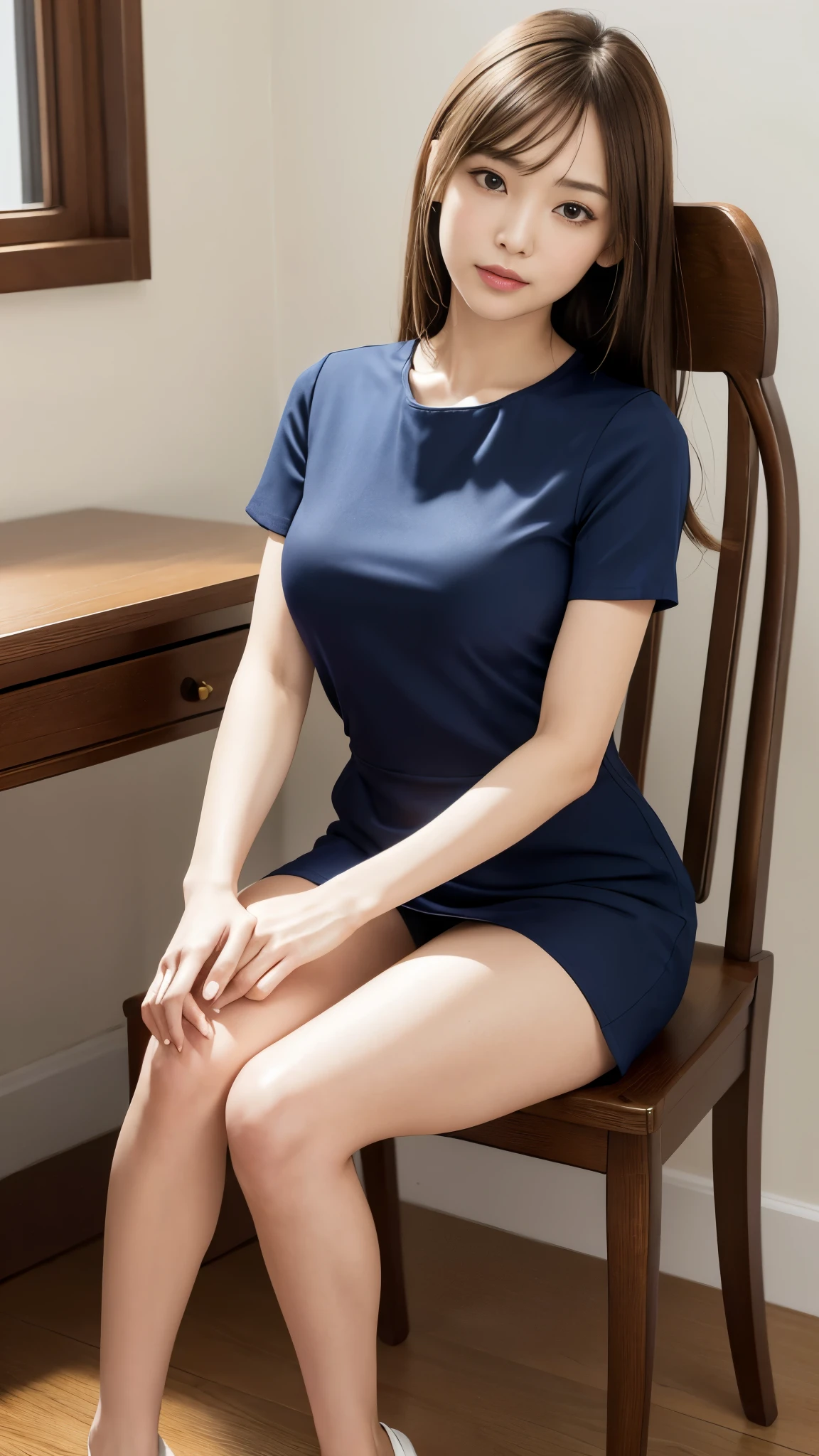 8k, Highest quality, Realistic, masterpiece, beautiful, insanely detailed, Absurd, Japanese women, Age 27, Well-balanced proportions, Light brown hair, Shiny Hair, Straight Hair, Delicate hair, Precise and beautiful eyes, A seductive smile , Hands put to the side, Model body type, (((Navy short sleeve mini dress))), Japanese Room , ((( Sit correctly in a chair with your knees together and facing forward))) , Panty shot , (((Her white panties are visible between her legs and her skirt))) , Viewer&#39;s view from directly below, Anatomically correct body, whole body,