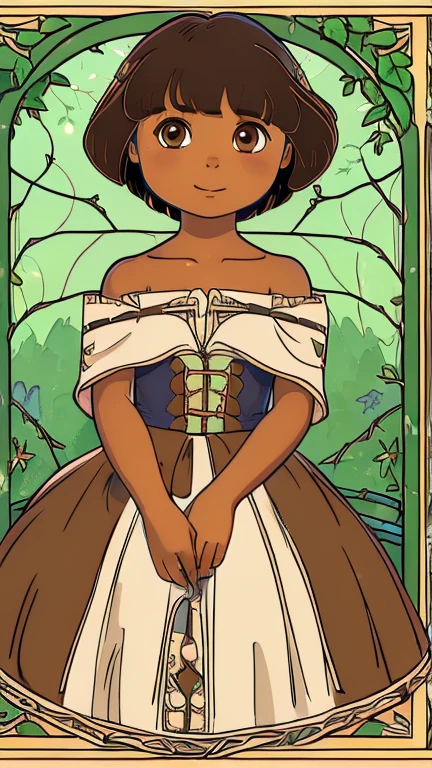 (1girl, solo, highly insanely detailed, masterpiece, top quality, best quality, highres, 4k, 8k, RAW photo),((innocent look)),((Childish)),From the front, symmetrical composition,smile,cute,Innocent,Kind eyes,Flat chest,ArsMJStyle, Art Nouveau Style, forest, vines, (Dora), (short hair, brown hair, brown eyes, dark-skinned female, tan),
(v1nedr3ss)