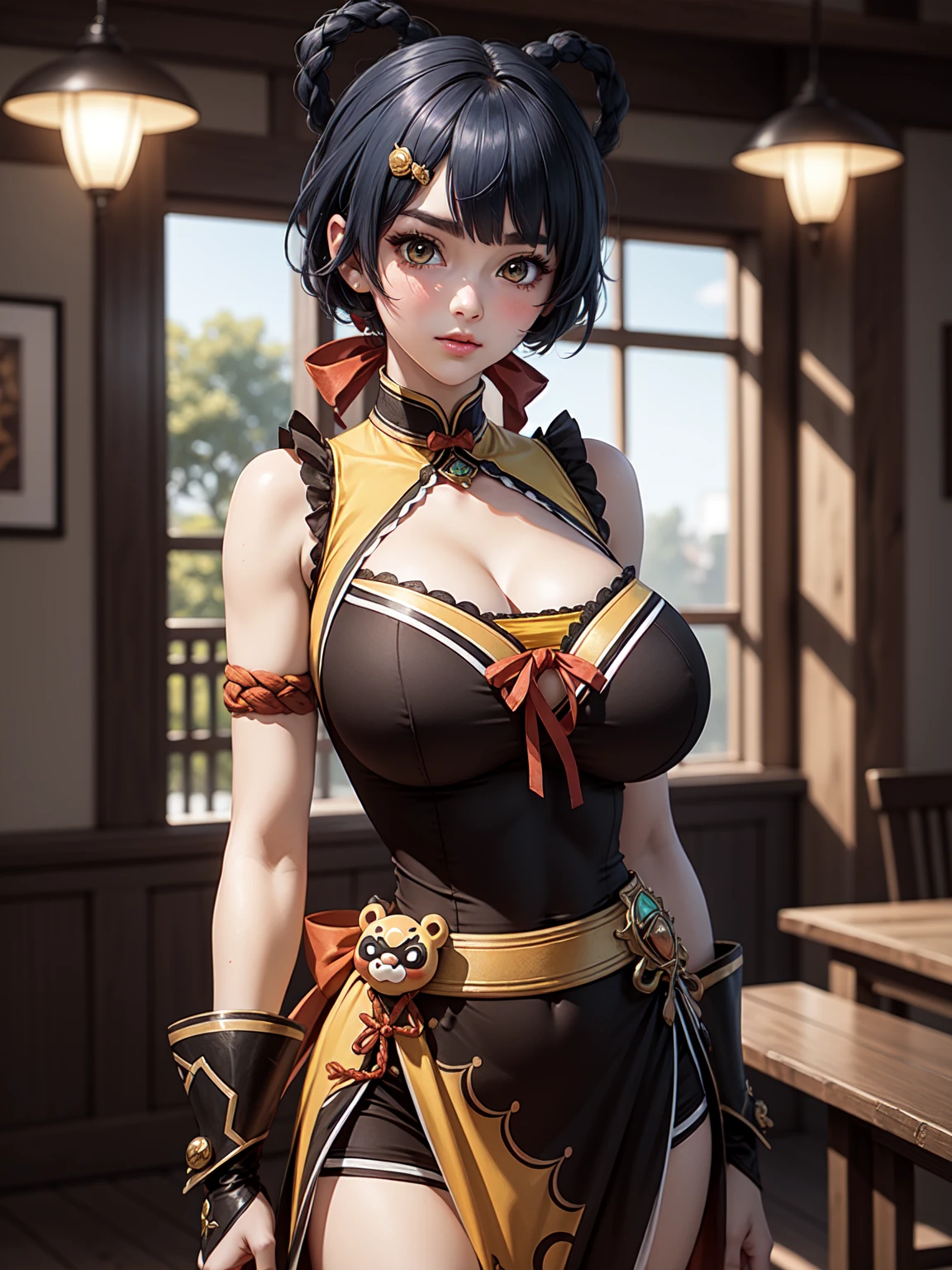 Masterpiece, ultra detail, high quality, 8k cg, (huge breasts), xianglingdef, blush, bright eyes, standing, indoors, slim body, narrow waist, upper body